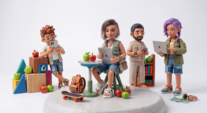 Personas usando dispositivos de manzana en un universo creativo de plastilina