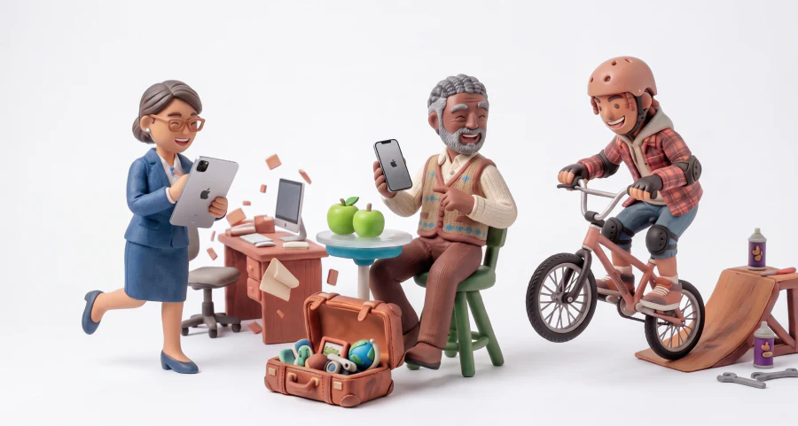 Manzanas y accesorios en un mundo de plastilina